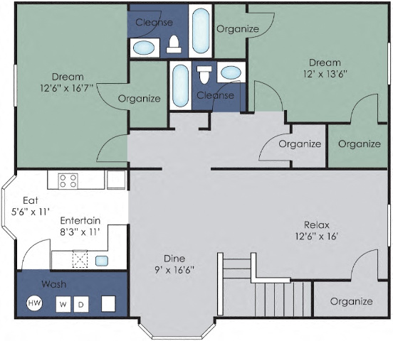Floor plan for 2 beds, 2 baths, 1300 sqft